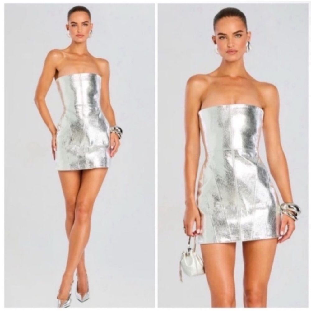 NWT Retrofete Casmir Leather Mini Dress Silver